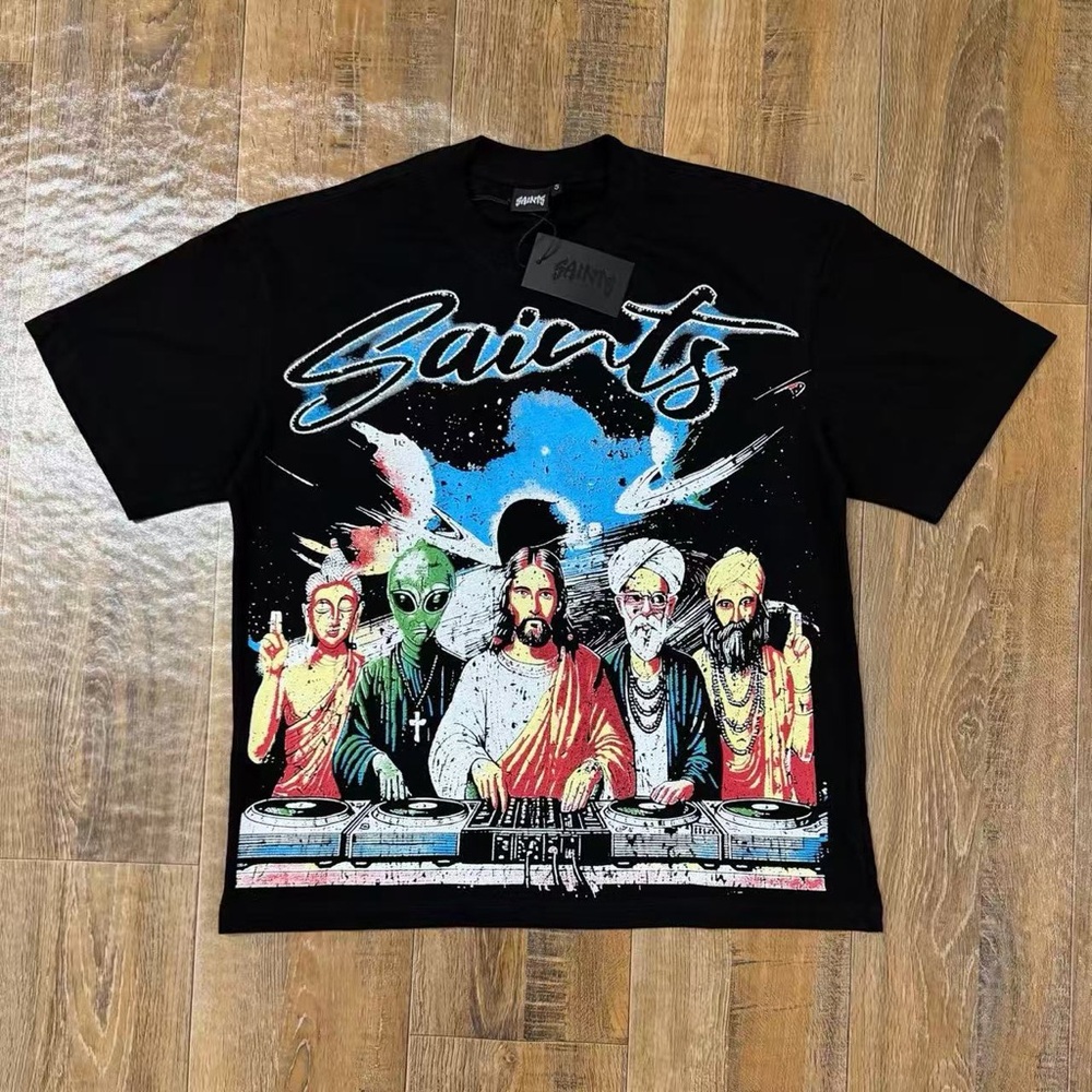 All Saints Black Graphic Saints DJ Crew Tee